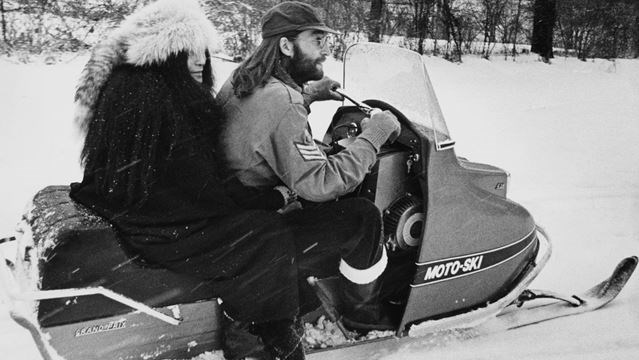 John Lennon and Yoko Ono snowmobiling around Braeburn property